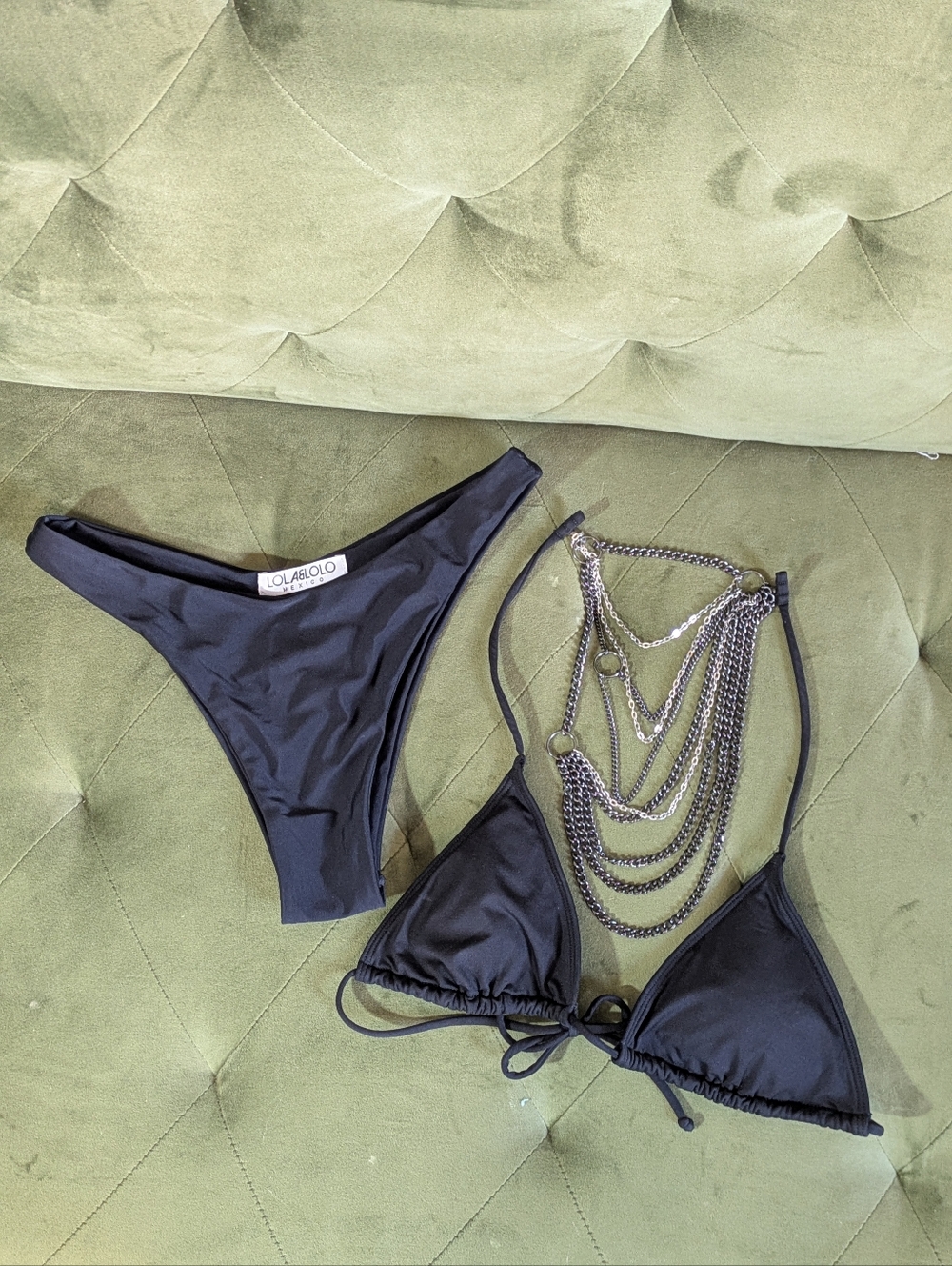 Classic Black Bikini With Chains  Swimsuit Minimalist Sexy Women's Festival Sz S